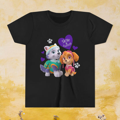 Skye & Everest - Paw Patrol Valentine T-shirt - Animation TV Series Youth Short Sleeve Tee