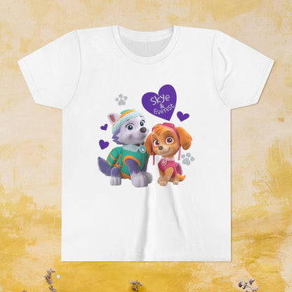 Skye & Everest - Paw Patrol Valentine T-shirt - Animation TV Series Youth Short Sleeve Tee