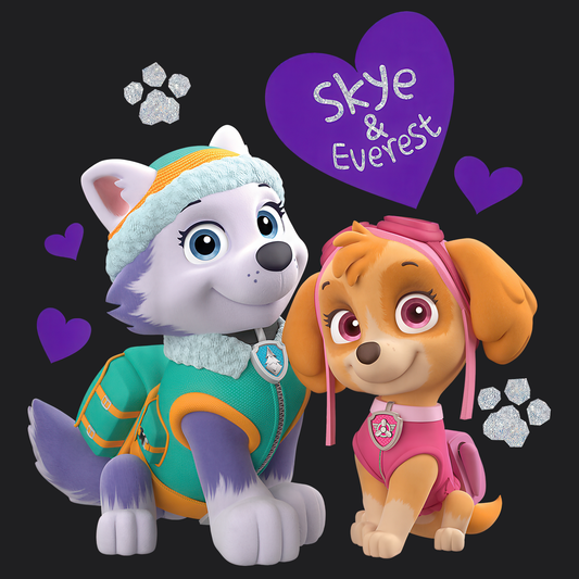 Skye & Everest - Paw Patrol Valentine T-shirt - Animation TV Series Youth Short Sleeve Tee