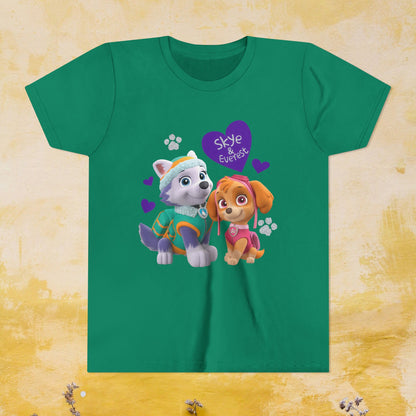 Skye & Everest - Paw Patrol Valentine T-shirt - Animation TV Series Youth Short Sleeve Tee