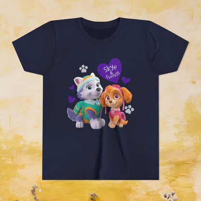 Skye & Everest - Paw Patrol Valentine T-shirt - Animation TV Series Youth Short Sleeve Tee